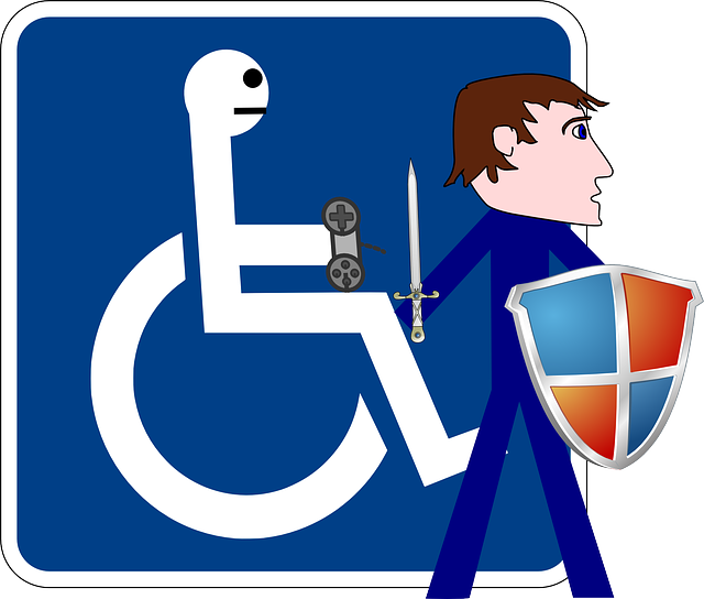 A standard disability wheelchair icon has been edited. The stick-man now has a face and holds a video game remote. In front of the icon is a cartoon man holding a sword in one hand and a shield in the other.