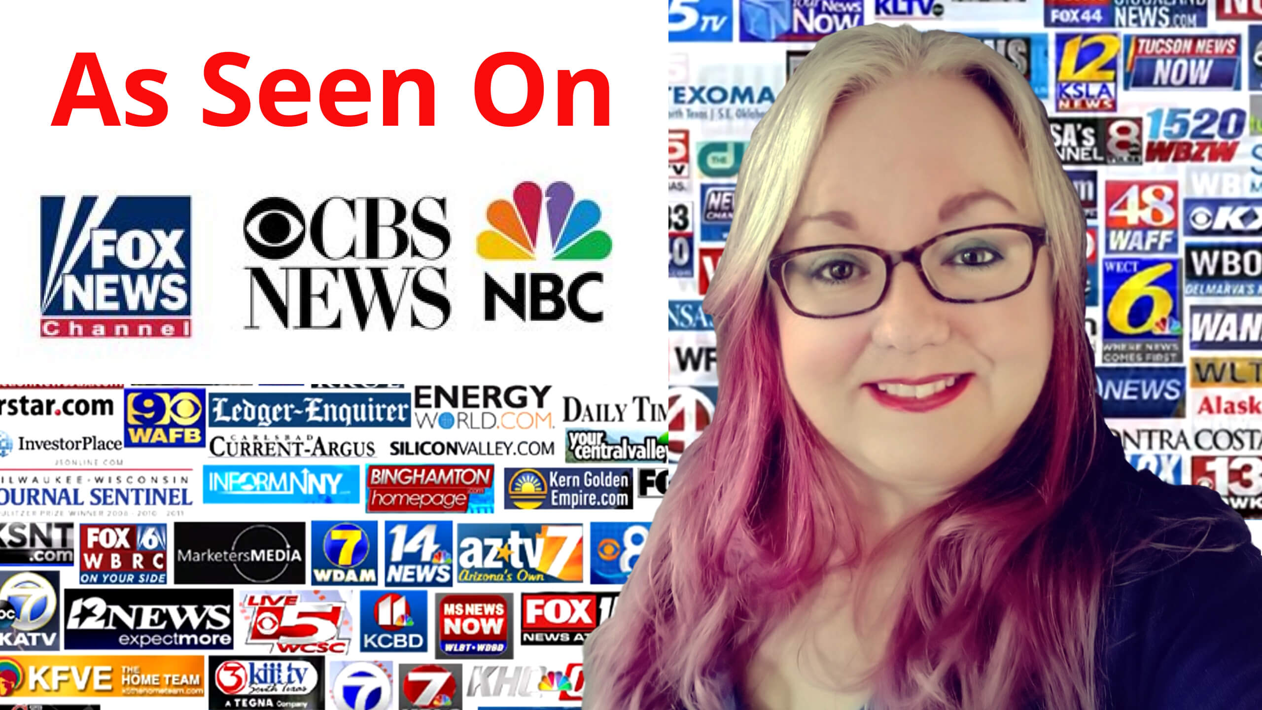 Suzy Molloy As Seen On Fox News, CBS News, NBC and more media sites. Suzy Molloy is smiling, facing the camera and wearing glasses. She  has long silver and pink hair. Behind her is a wall of coloured media logos.