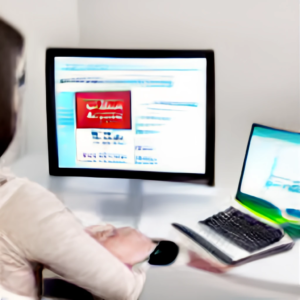 A disabled user of computer using assistive technology. They sit in left corner of frame facing away from us. We see their shoulder and arm. In front of them is a laptop, an monitor and keypad. They are trying to access a site blocked with an accessibility plugin popup covering the monitor screen. A photo style image created by Craiyon.com