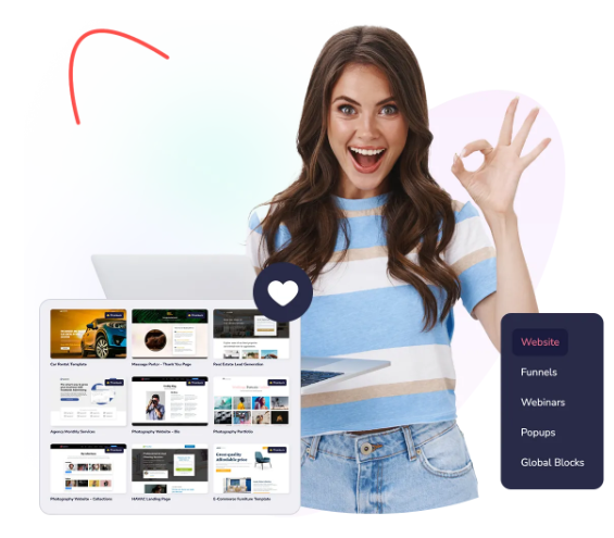 Smiling woman is making the Okay sign with her hand, an overlay of Groove's sales funnel templates web page is in the corner with a heart